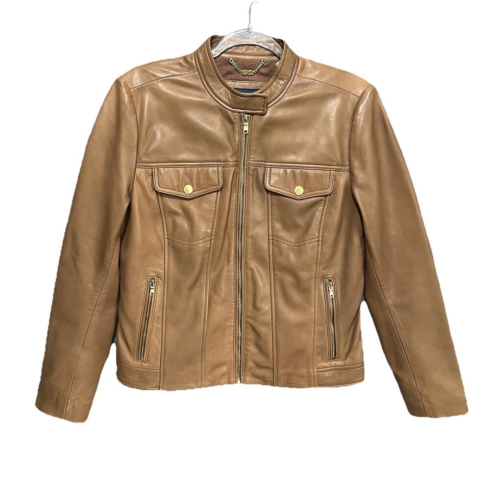 COLE HAAN Womens Moto Lamb Skin Leather‎ Jacket Sz L Biker Edgy Mandarin Collar